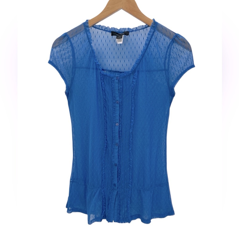 Express Y2K Sheer Mesh Swiss Dot Blue Scoopneck Long Waisted Short Sleeve Top M‎